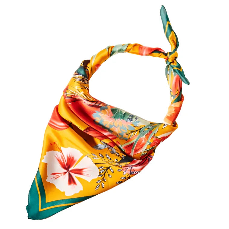 Colorful flower pattern silky scarf wrap folded into a triangle shape