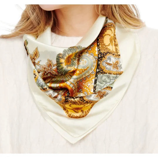 Ornate Flower Print Silk Neck Scarf featuring a vibrant gold paisley pattern