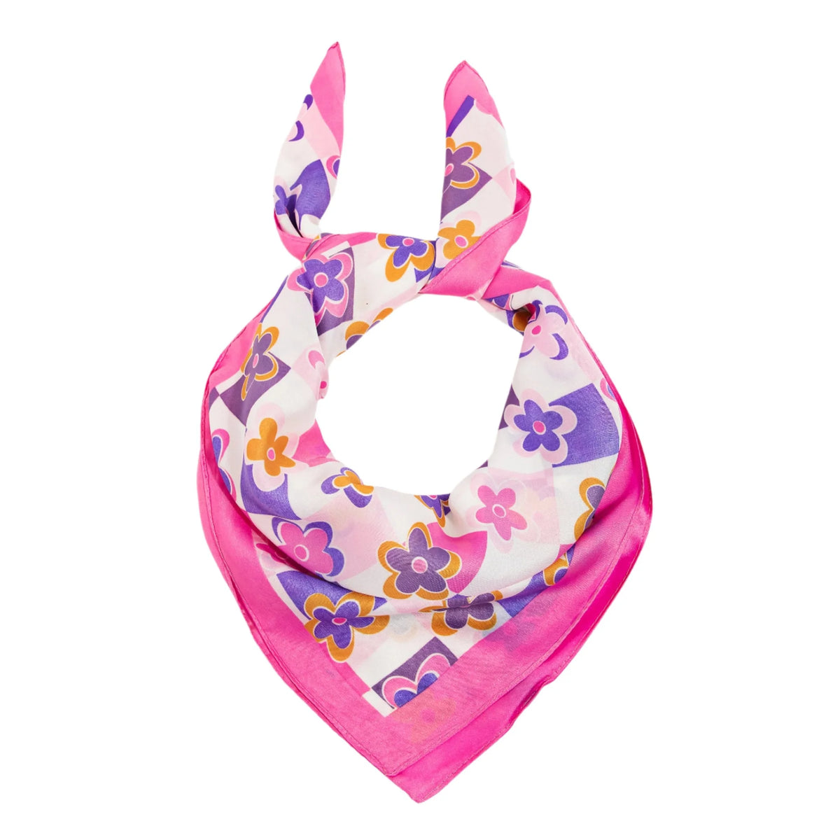 Colorful floral-patterned silk scarf with pink border folded in triangle shape