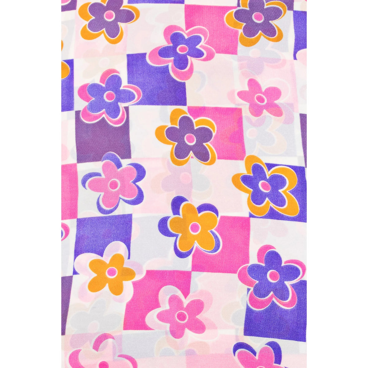 Colorful floral pattern scarf featuring purple, pink, and orange flowers design