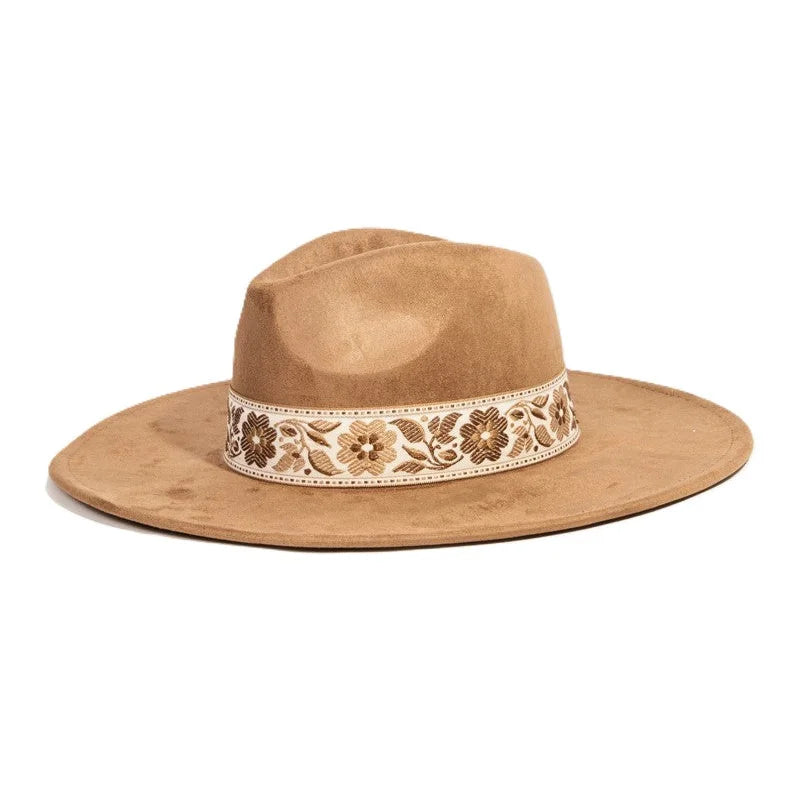 Tan felt Flower Ribbon Fedora with embroidered floral band for stylish outfits