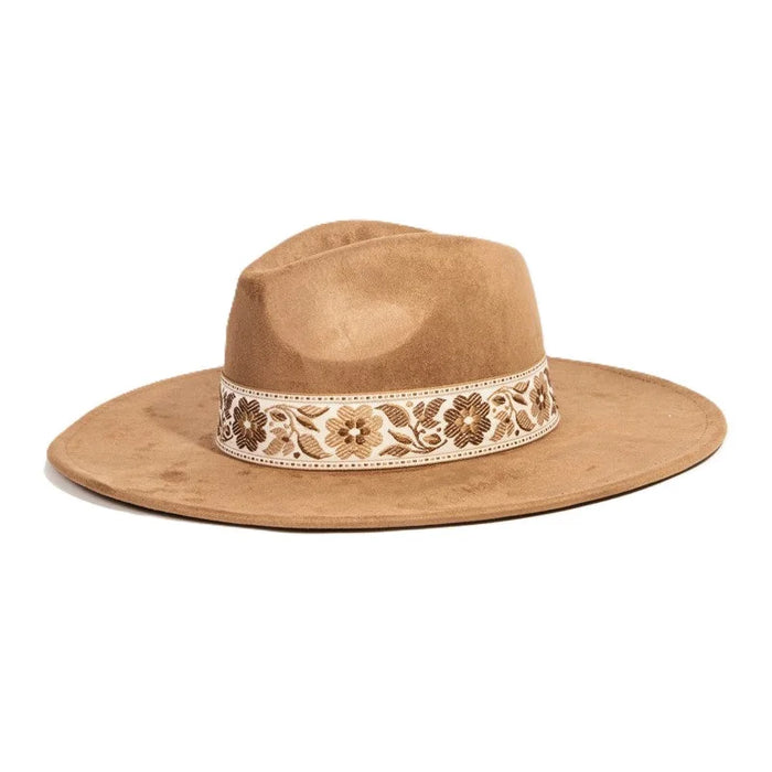 Tan felt Flower Ribbon Fedora with embroidered floral band for stylish outfits