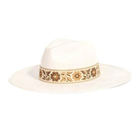 White wide-brimmed Flower Ribbon Fedora Hat with an embroidered floral band