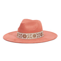 Coral Flower Ribbon Fedora Hat featuring an embroidered floral band for stylish flair