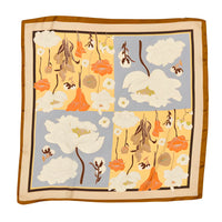 Flower Silky Square Neck Scarf featuring orange and beige clouds and floral patterns