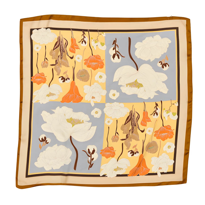 Flower Silky Square Neck Scarf featuring orange and beige clouds and floral patterns