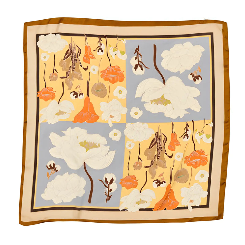 Flower Silky Square Neck Scarf featuring orange and beige clouds and floral patterns