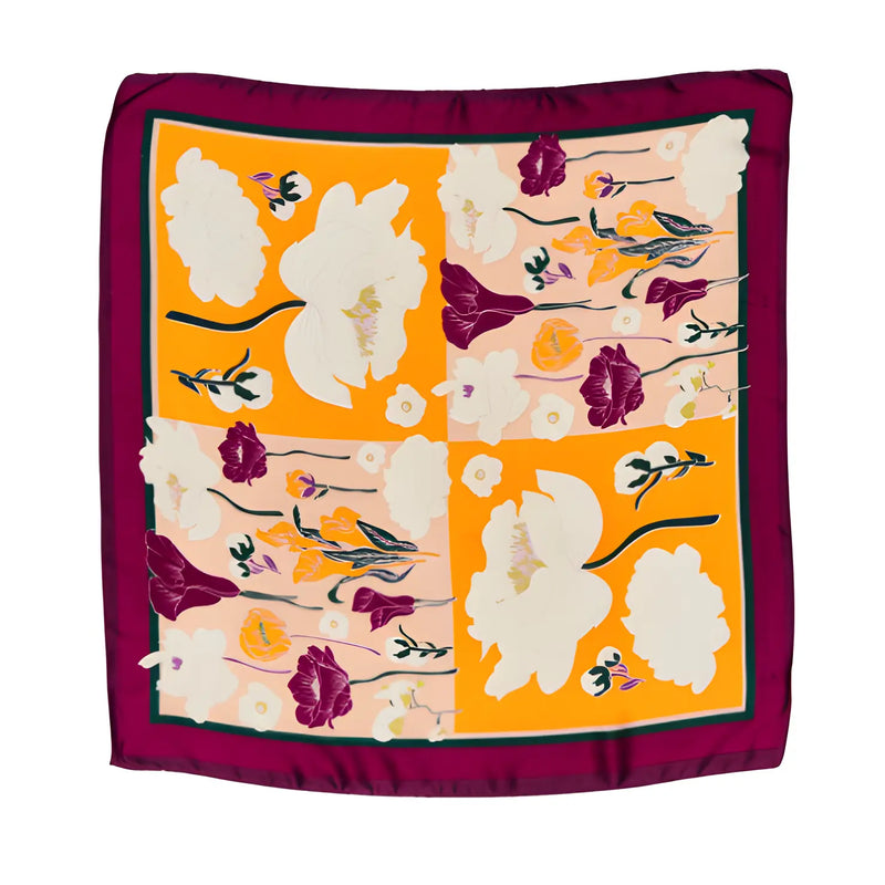 Flower Silky Square Neck Scarf featuring floral and bird motifs in orange, burgundy, cream