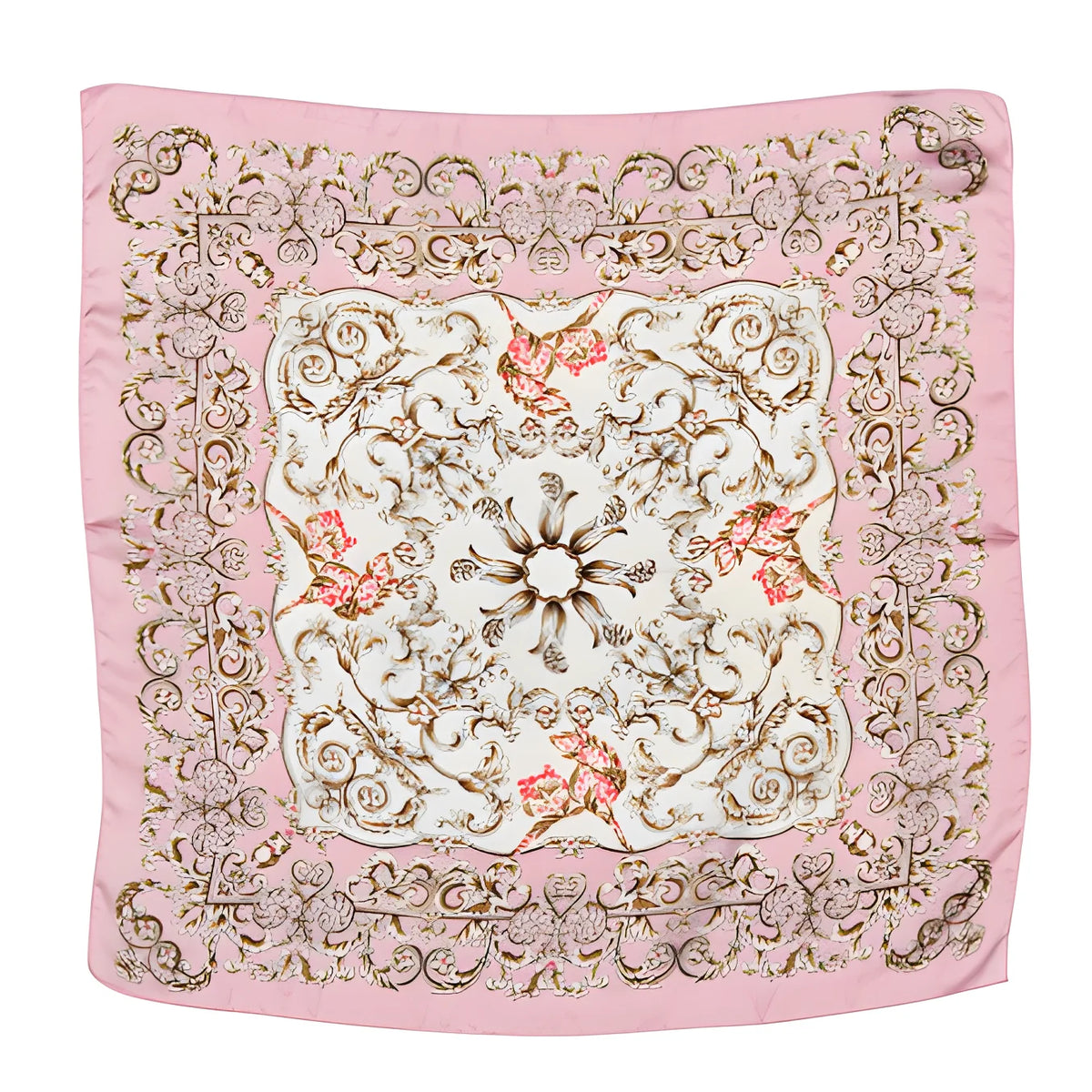 Pink Silk Scarf with Floral Patterns - Flower Silky Square Neck Scarf in Brown and Coral