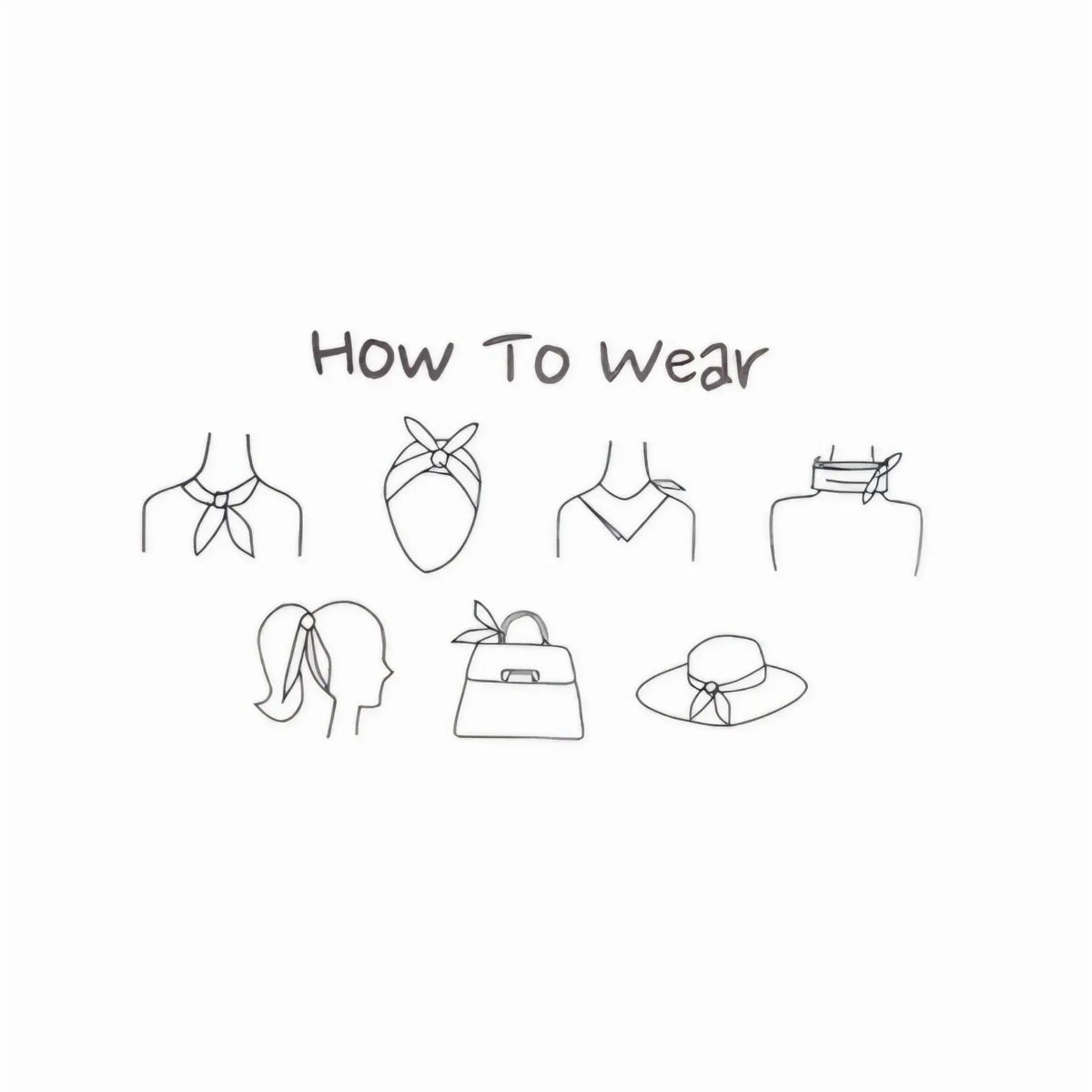 Simple line drawings illustrating stylish ways to wear a Flower Silky Square Neck Scarf