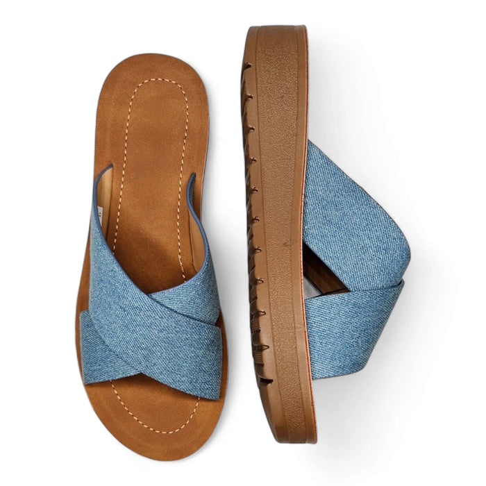 Denim cross-strap sandals with tan soles from the Platform Criss Cross Sandals collection