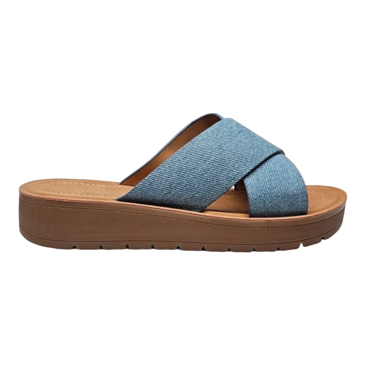 Denim cross-strap sandal with platform sole from Platform Criss Cross Sandals collection