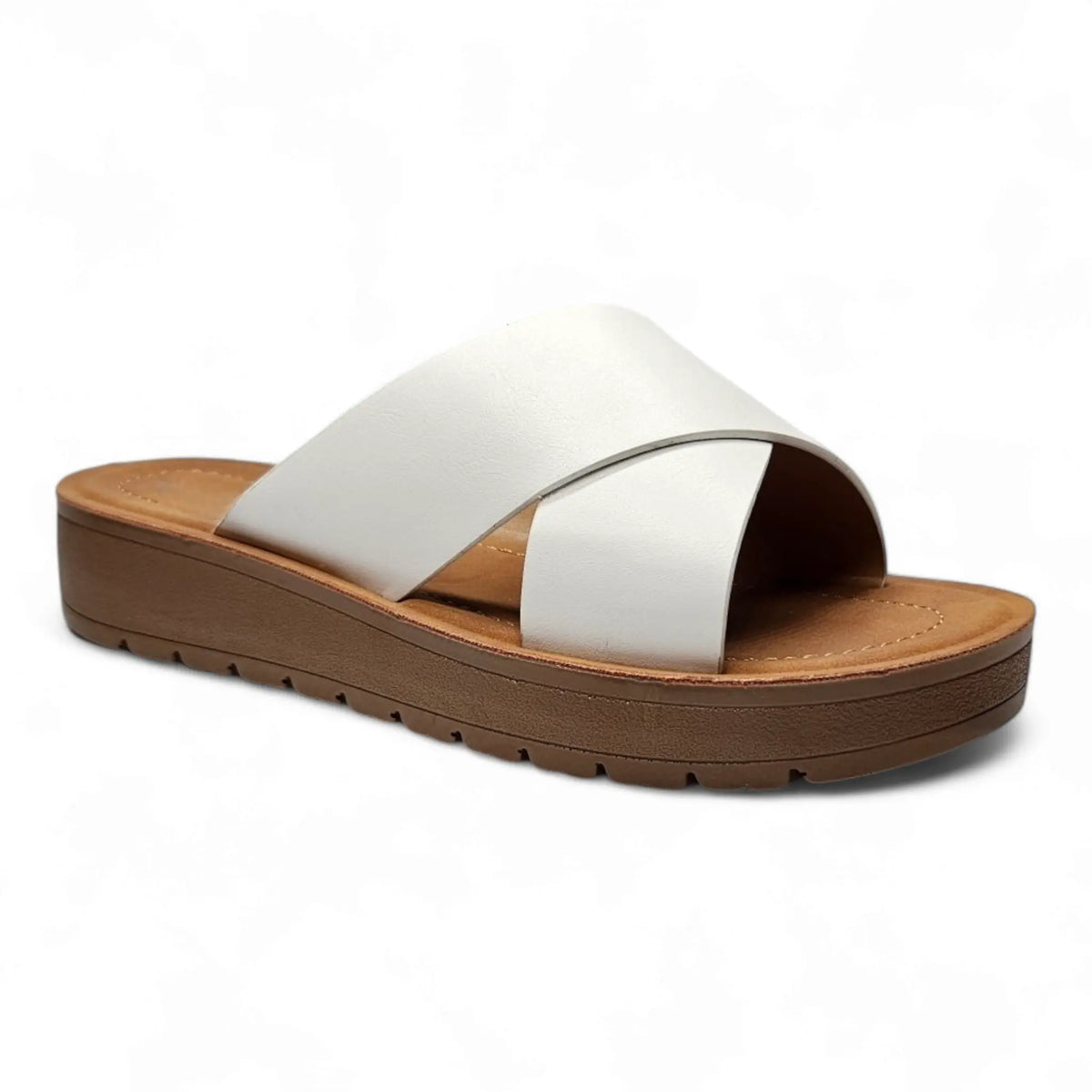 White cross-strap sandal with a brown platform sole from Platform Criss Cross Sandals