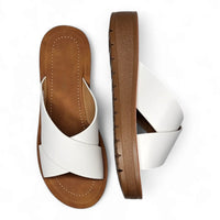 White leather Platform Criss Cross Sandals with tan sole and footbed