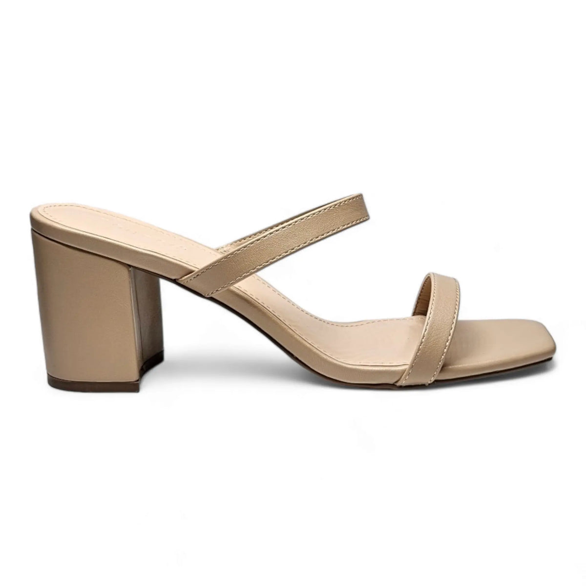 Beige leather Forever Timeless Block Heel sandal with chunky heel and thin foot straps