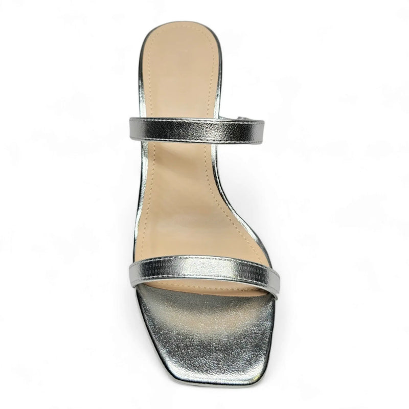 Metallic silver sandal with two thin straps and square toe from Forever Timeless Block Heel