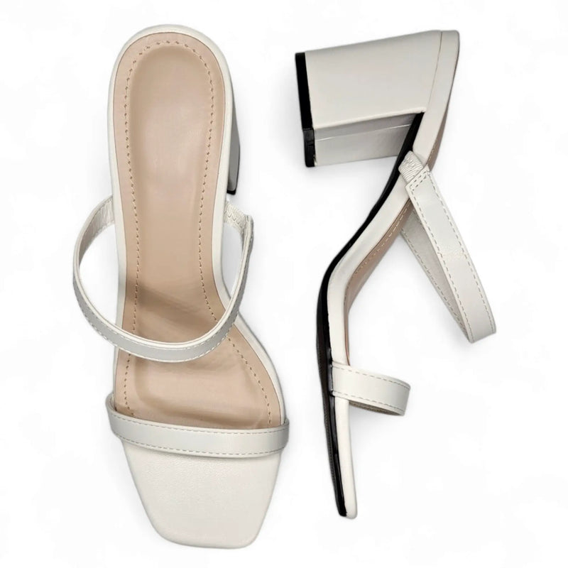 White strappy high-heeled sandals with square toes from Forever Timeless Block Heel