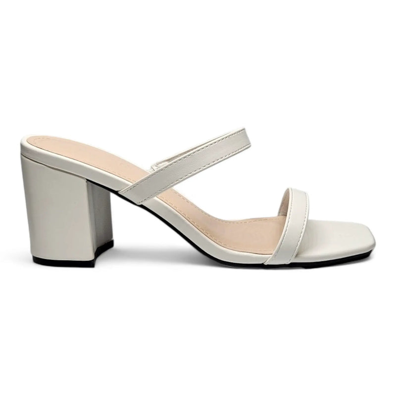 White Forever Timeless Block Heel sandal featuring two thin straps across the foot