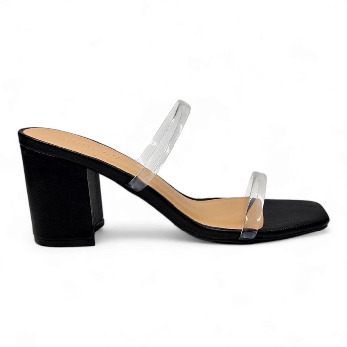 Black high-heeled sandal with clear straps and block heel design for trendy style