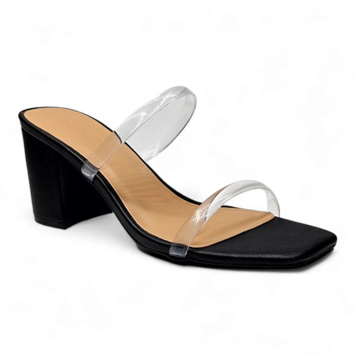 Black high-heeled sandal with clear plastic straps, featuring a stylish block heel design