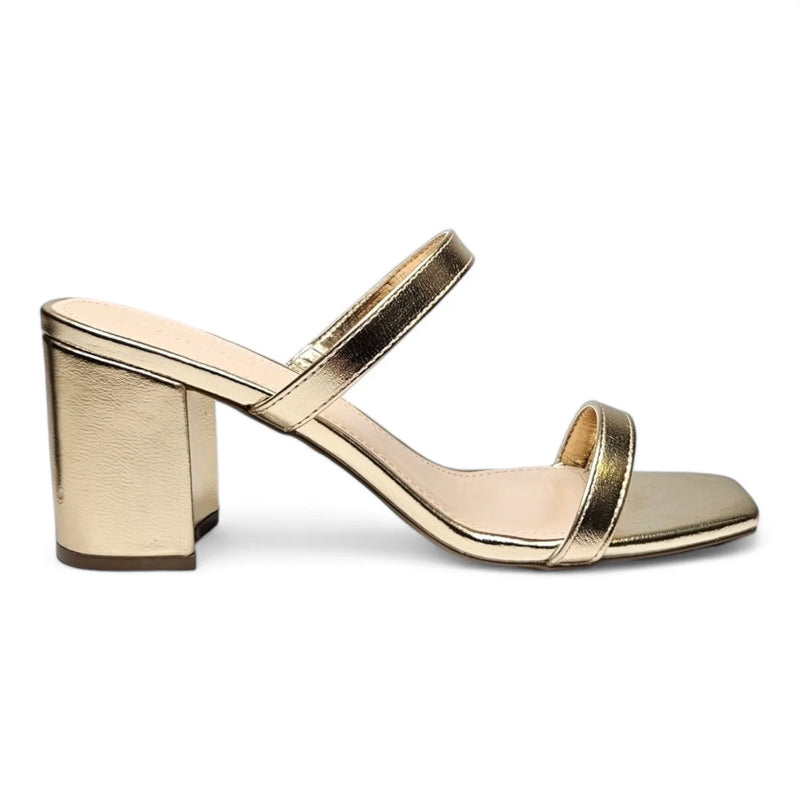 Gold metallic block heel sandal with two straps from Forever Timeless Block collection