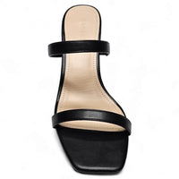 Black leather sandal with two straps, part of the Forever Timeless Block Heel collection