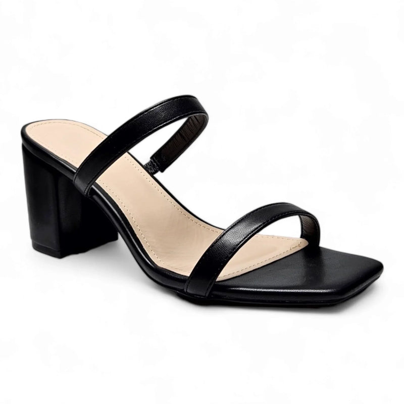 Black leather sandal with two straps and a chunky heel from Forever Timeless Block Heel