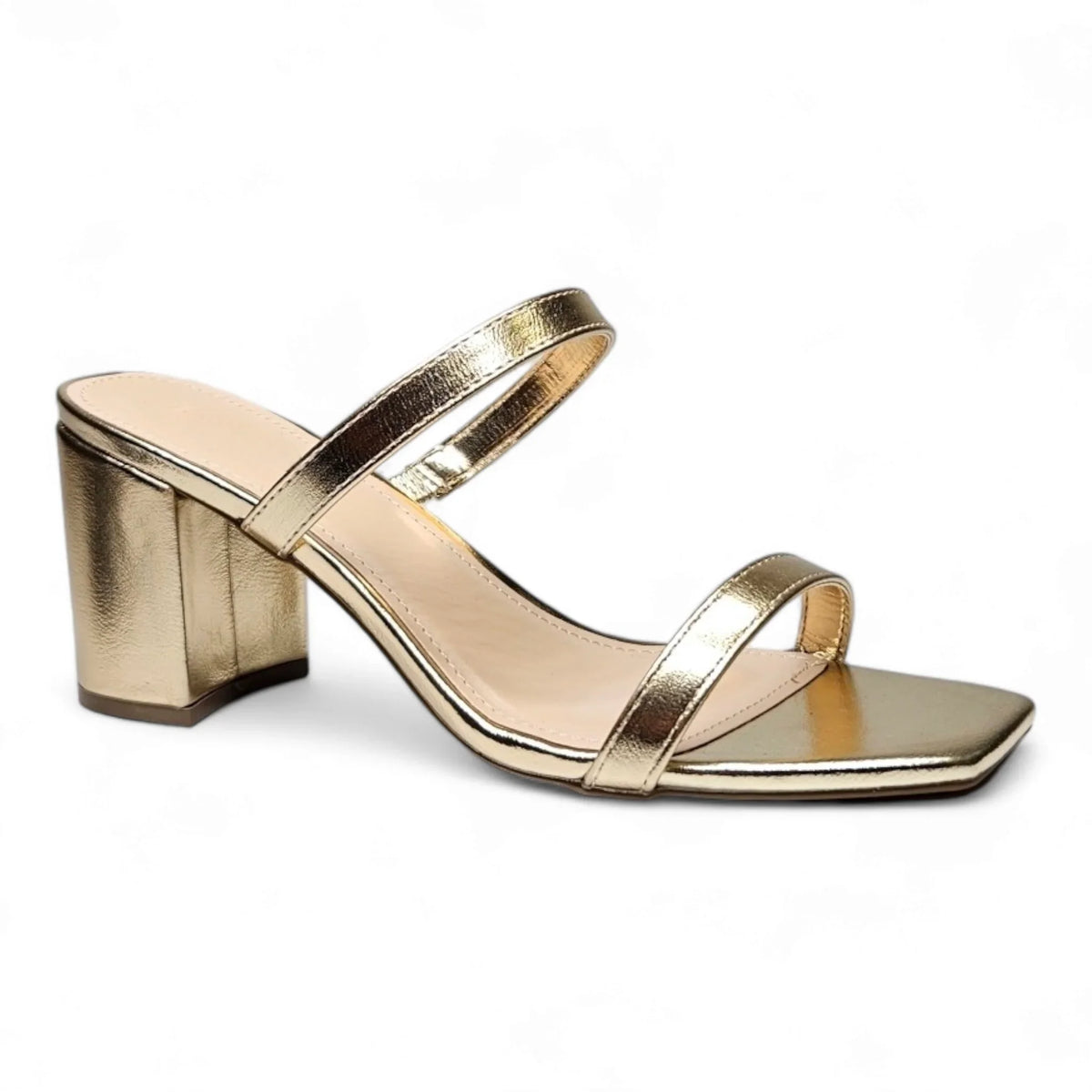 Gold metallic block heel sandal with two straps from Forever Timeless Block collection