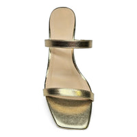 Gold metallic Forever Timeless Block Heel sandal with two thin straps