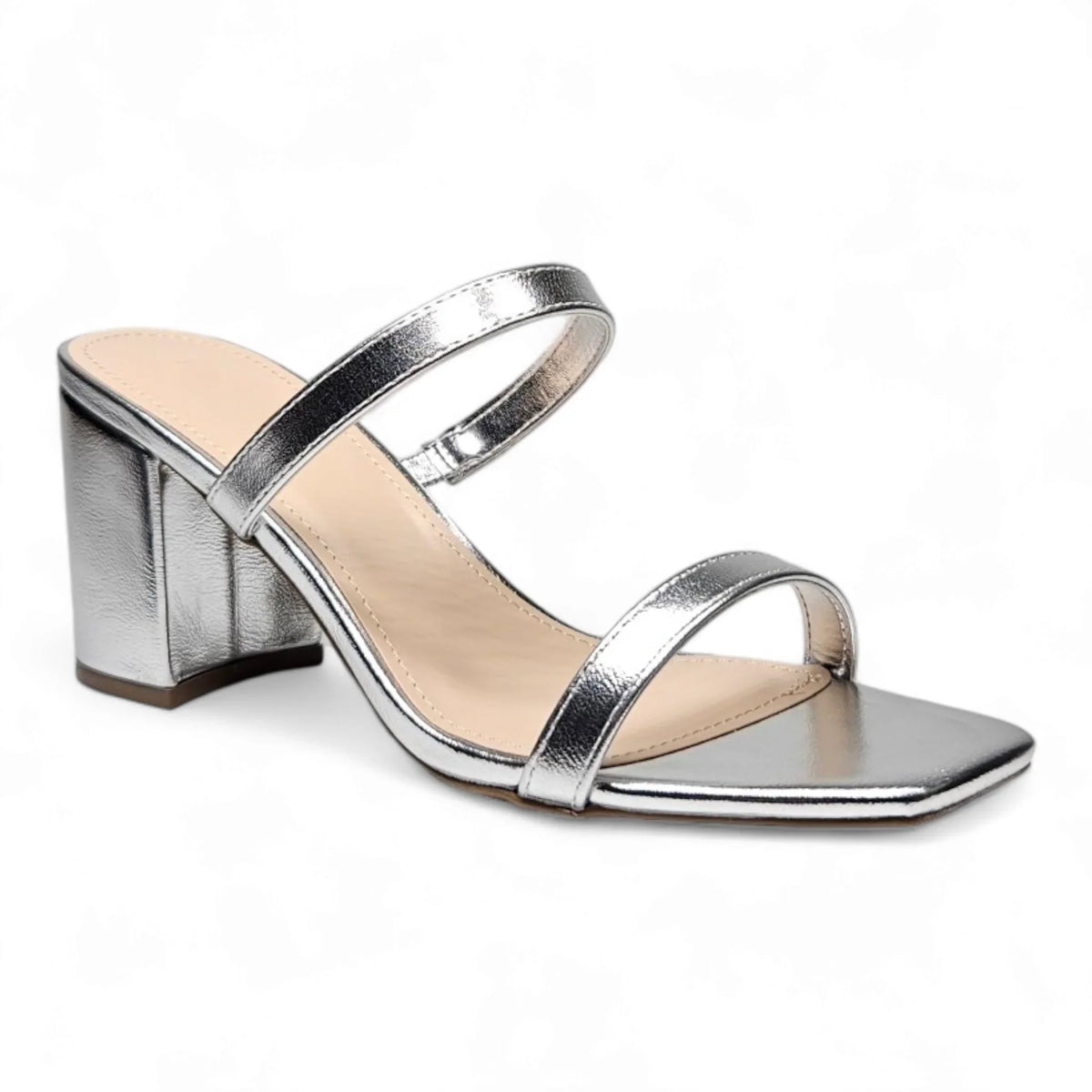 Silver metallic Forever Timeless Block Heel sandal with two thin straps across the foot