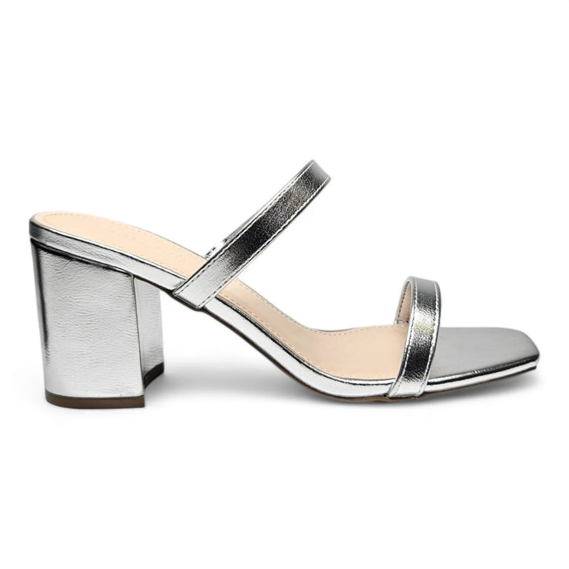 Silver metallic Forever Timeless Block Heel sandal with two stylish foot straps