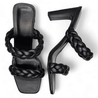 Black high-heeled sandals with braided straps from the Double Braided Band Heel collection