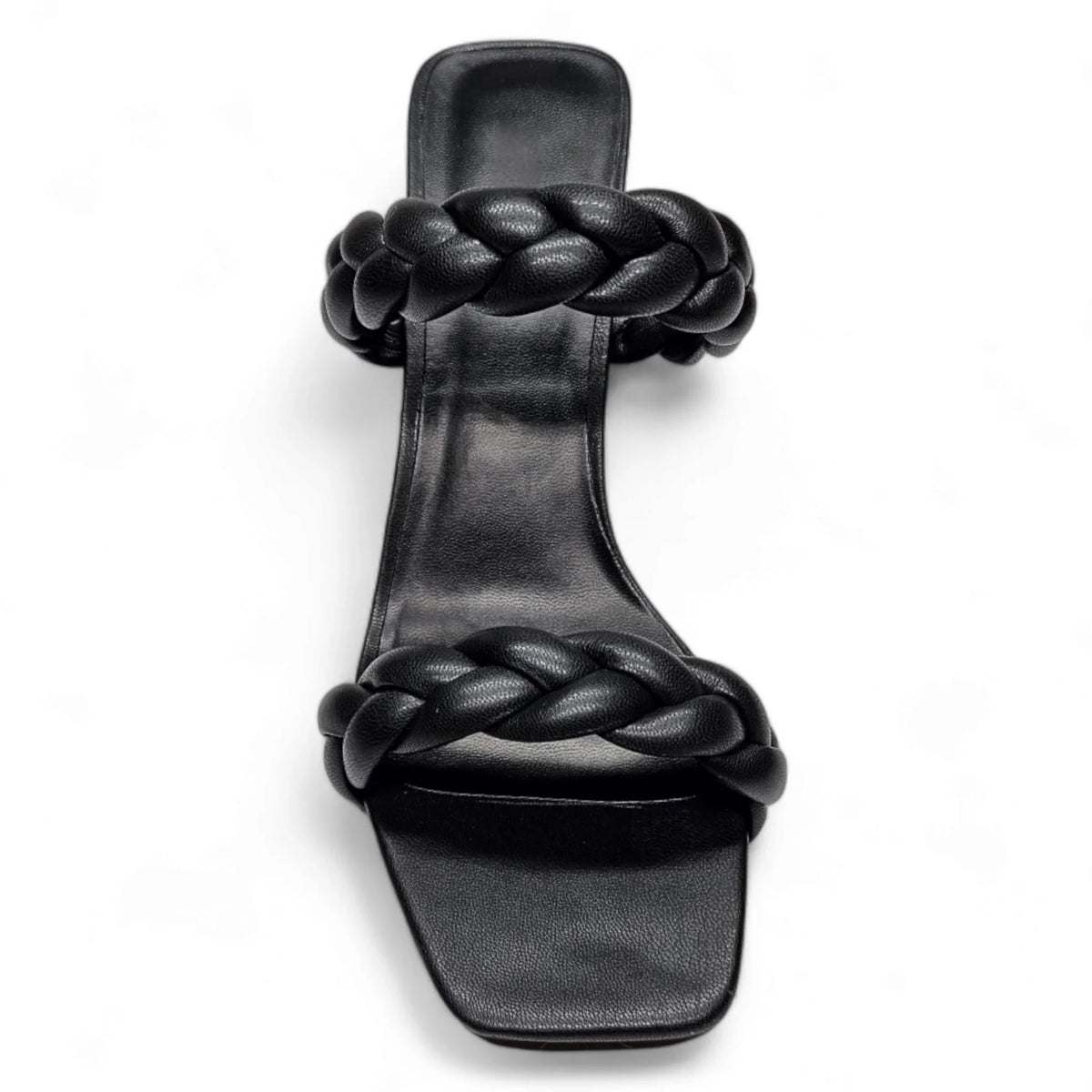 Black leather sandal with braided straps, Double Braided Band Heel design