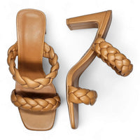 Tan leather high-heeled sandals with braided straps from Double Braided Band Heel