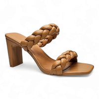 Tan leather high-heeled sandal with braided straps for Double Braided Band Heel