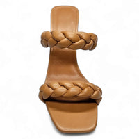 Tan leather Double Braided Band Heel sandal with braided straps across foot and ankle