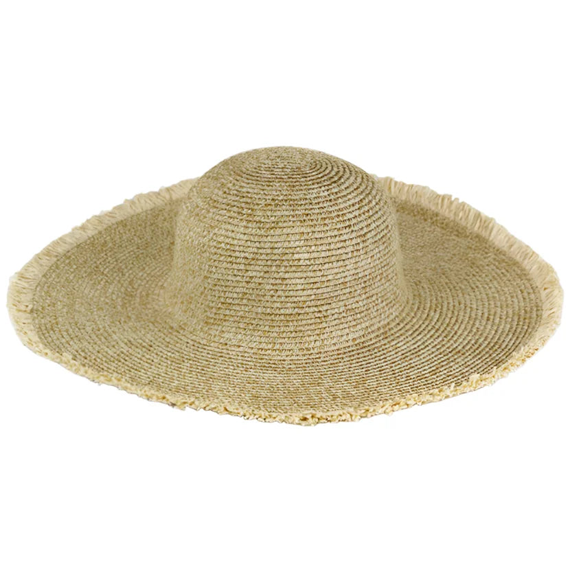 Wide-brimmed frayed floppy straw hat with stylish frayed edges for sun protection