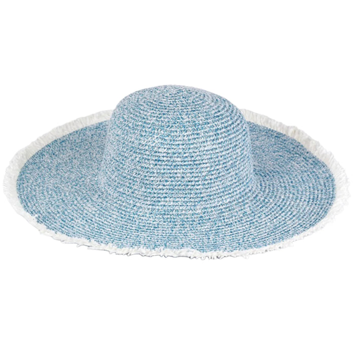 Light blue frayed floppy straw hat with white trim for stylish sun protection