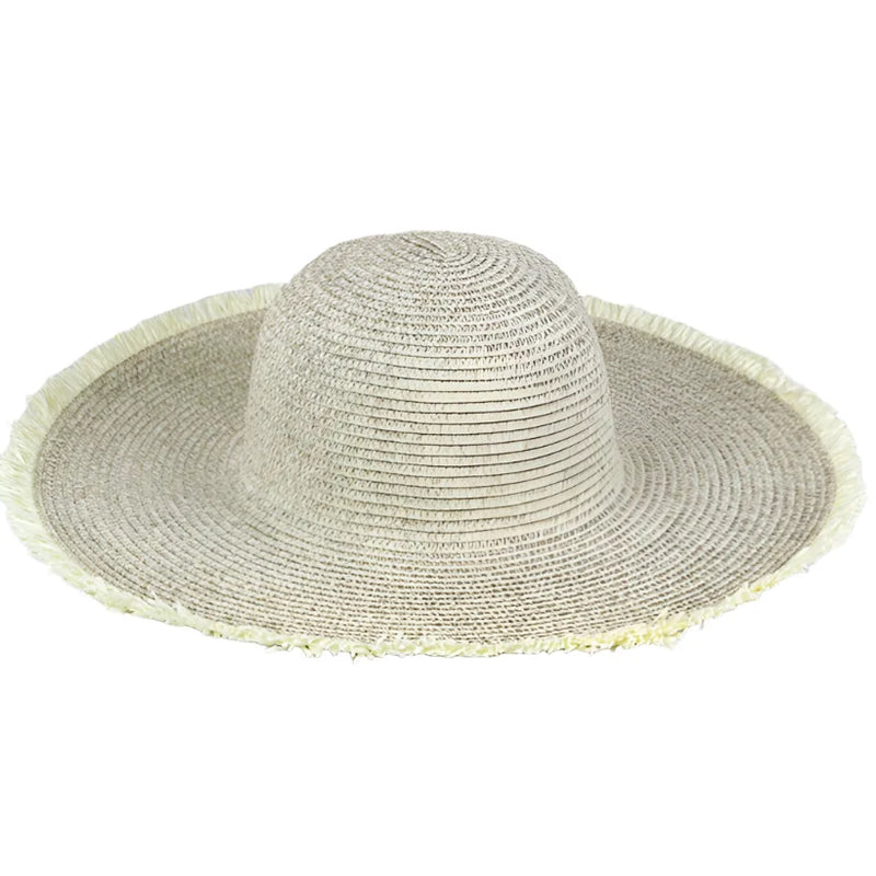 Wide-brimmed frayed floppy straw hat with stylish frayed edges for sun protection