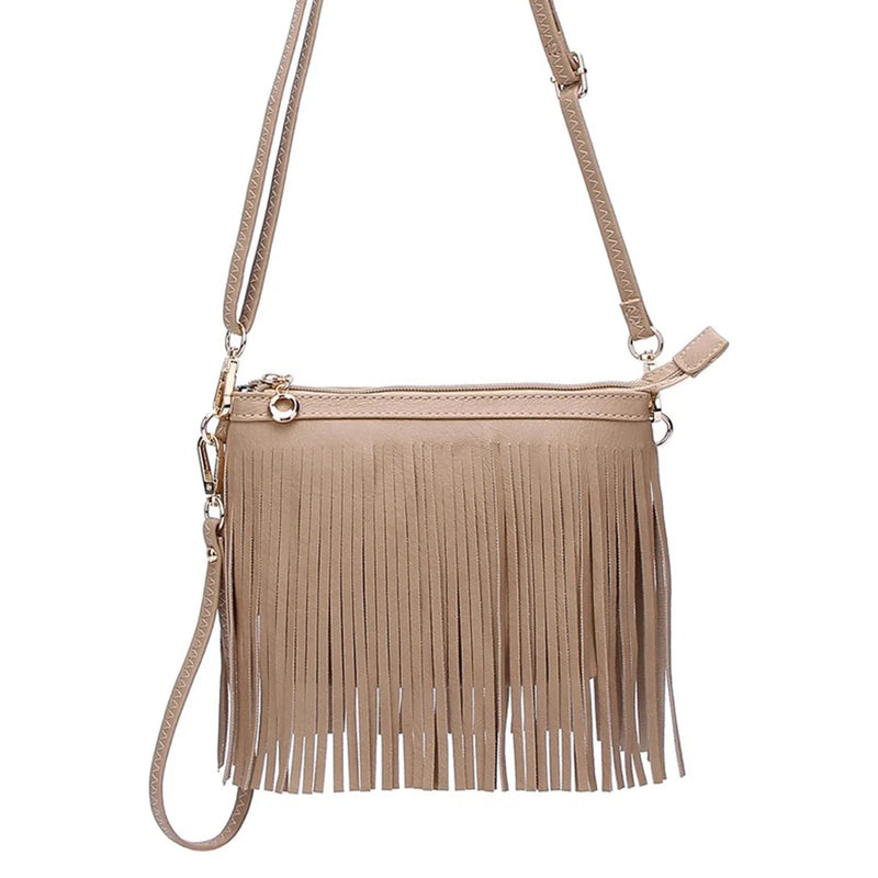 Beige fringe crossbody bag with adjustable strap and zipper closure for convenience