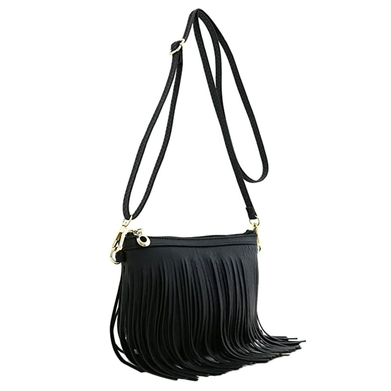 Black fringe crossbody bag with a long strap for stylish hands-free convenience