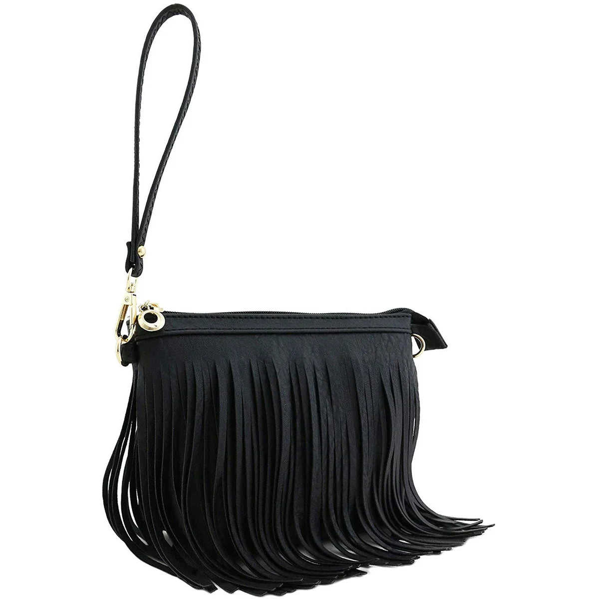 Black fringed wristlet clutch purse with zipper and strap for a chic fringe crossbody bag