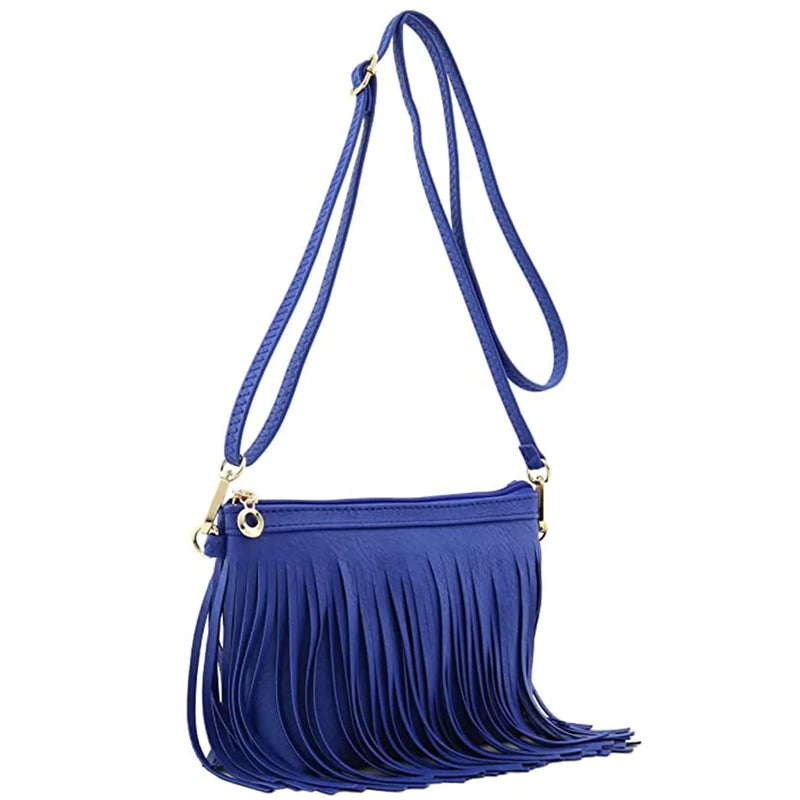 Blue fringe crossbody bag with long strap, perfect for stylish everyday use