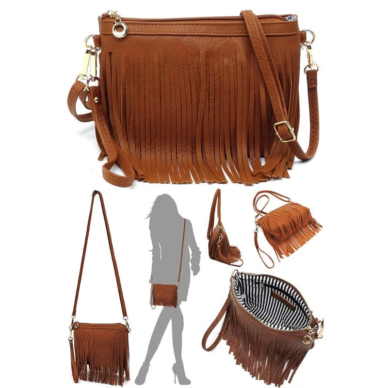 Brown leather fringe crossbody bag with zipper and adjustable strap for style and convenience