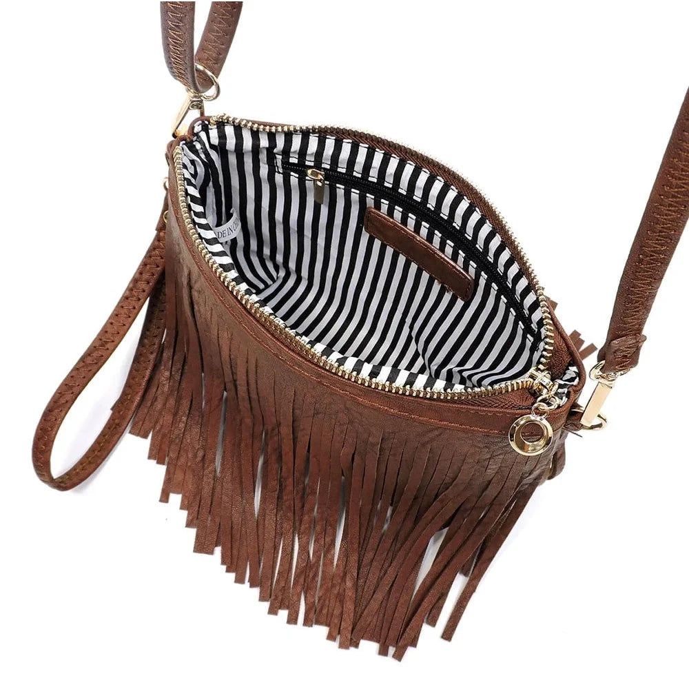 Brown leather fringe crossbody bag with striped interior lining