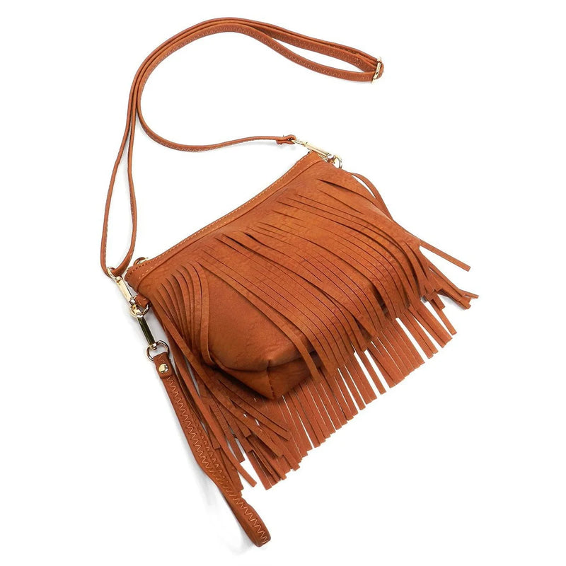 Brown leather fringe crossbody bag with long strap for stylish everyday use