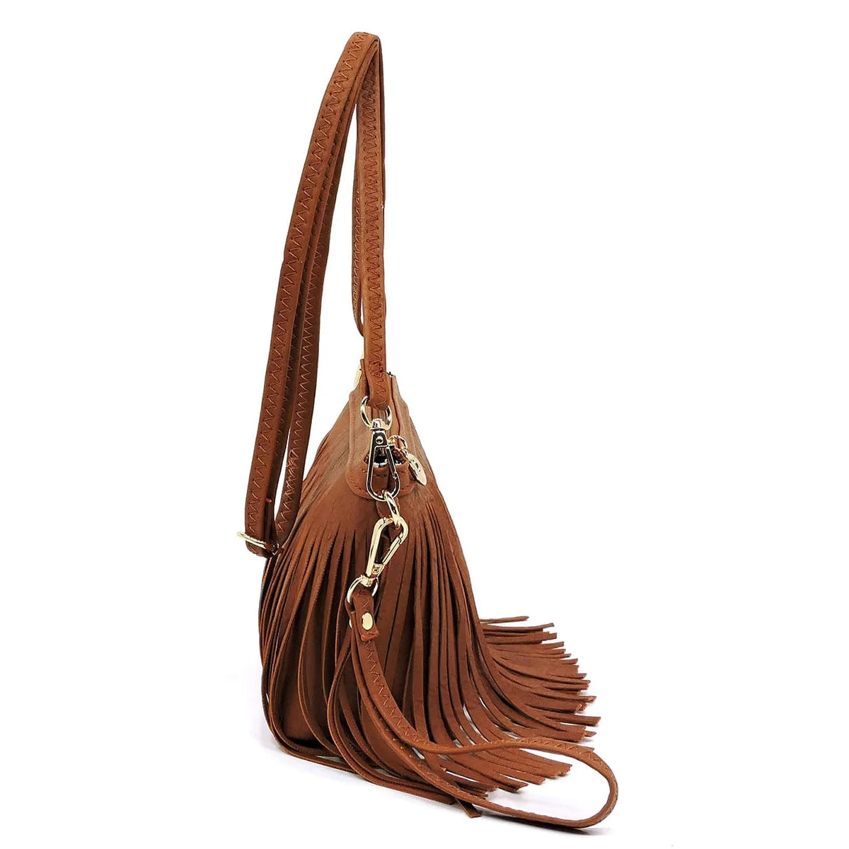 Brown leather fringe crossbody bag with tassels and adjustable shoulder strap