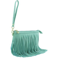 Mint green fringe crossbody bag with zipper closure and wrist strap