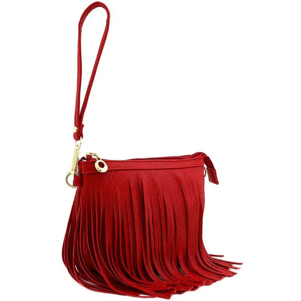 Red fringed wristlet purse with a zipper closure, ideal fringe crossbody bag