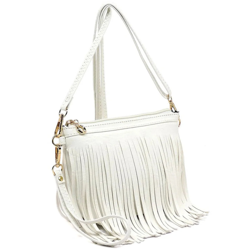 White leather fringe crossbody bag with fringe detailing and shoulder strap